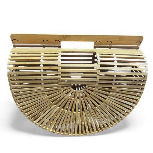 Bamboo Half Moon Arc Handbag Wooden Summer Retro Woven Summer Beach Purse EUC - Picture 2 of 12